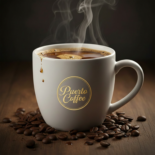 Taza de café Puerto Coffee con vapor, granos de café y fondo oscuro