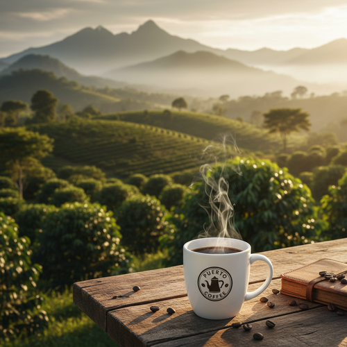 Taza humeante en finca de café